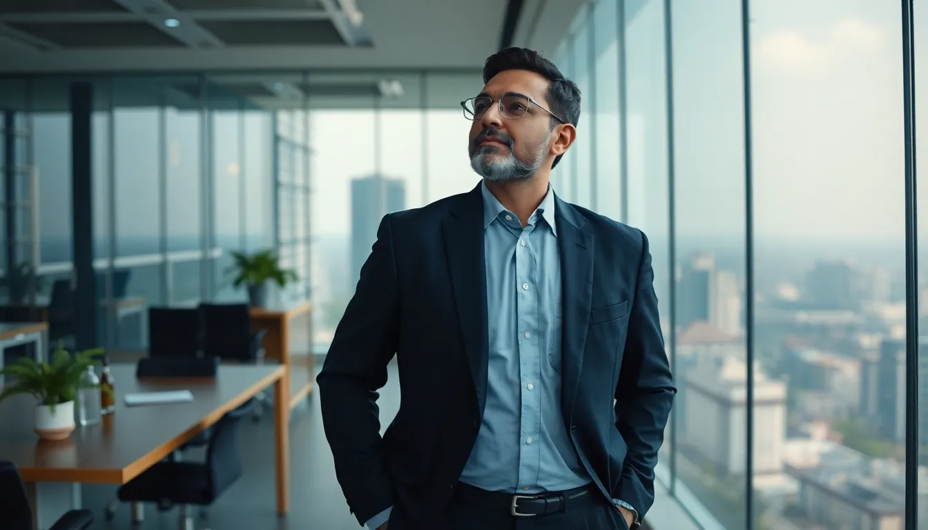 A confident senior executive leader in a modern high-rise office in Bangalore, looking decisively towards the future.